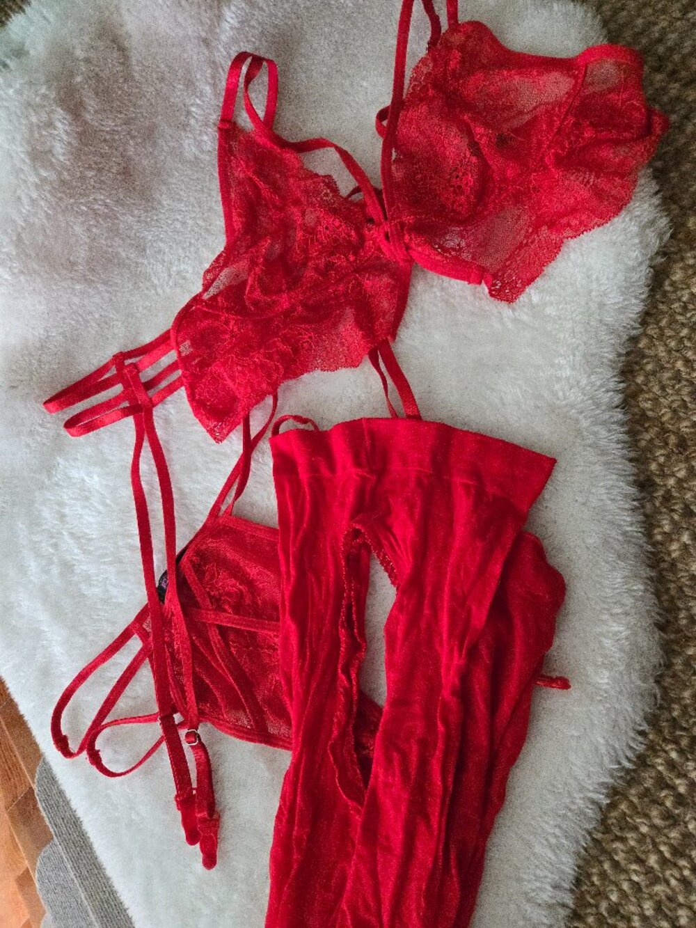 Red lingerie set, lace, crotchless tights